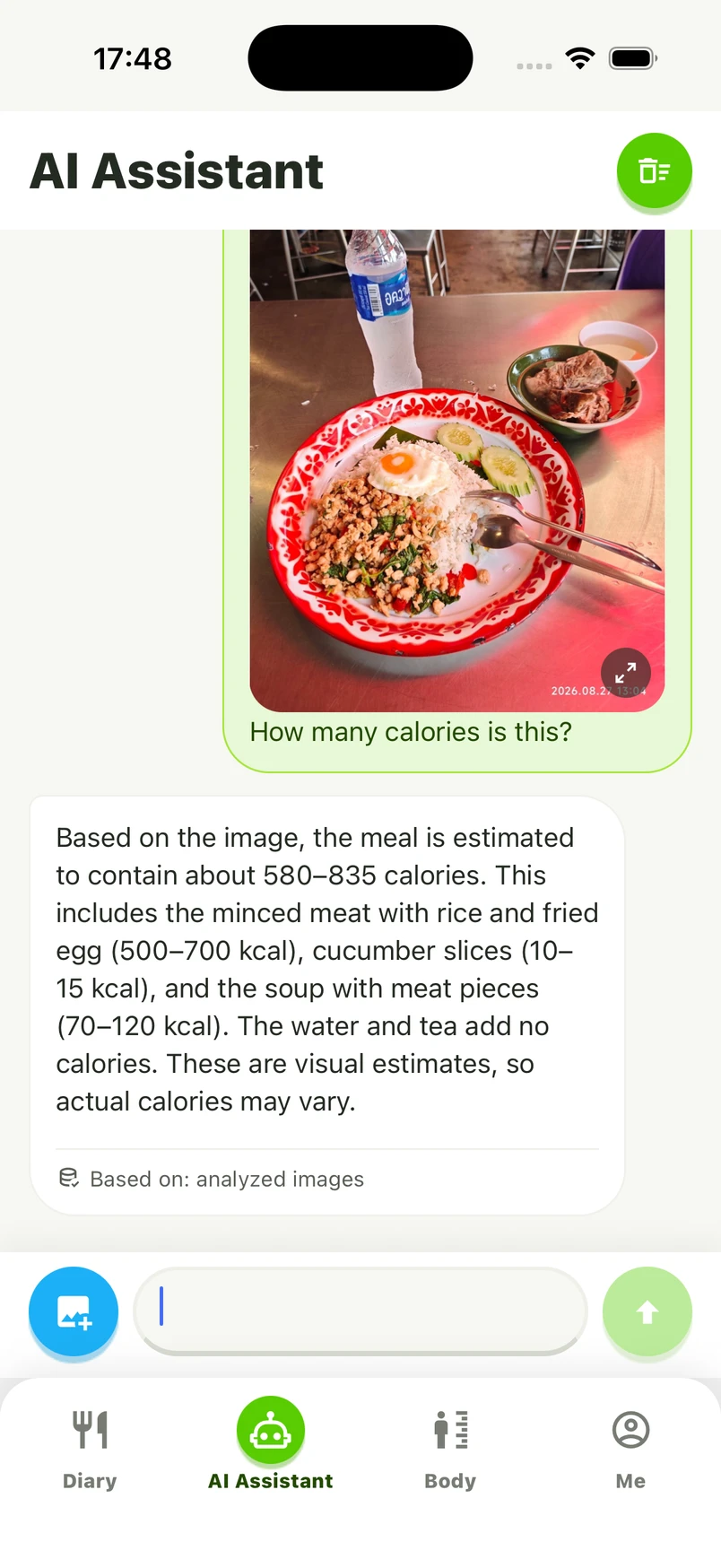 CaloriePilot on iPhone showing a meal calorie estimate of 580–835 kcal